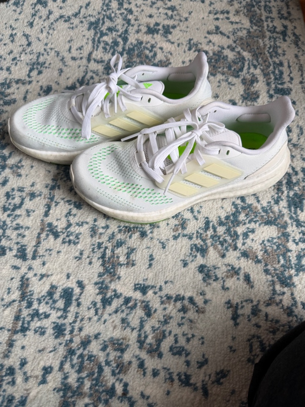 adidas White Sneakers with Pale Yellow Stripes and Neon Green Accents